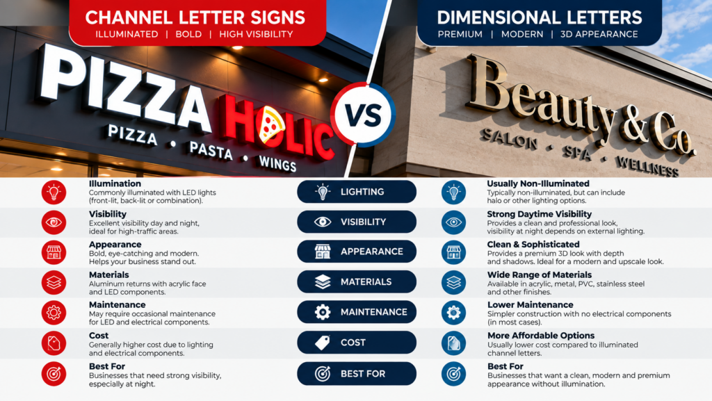 Channel letters vs dimensional letters comparison