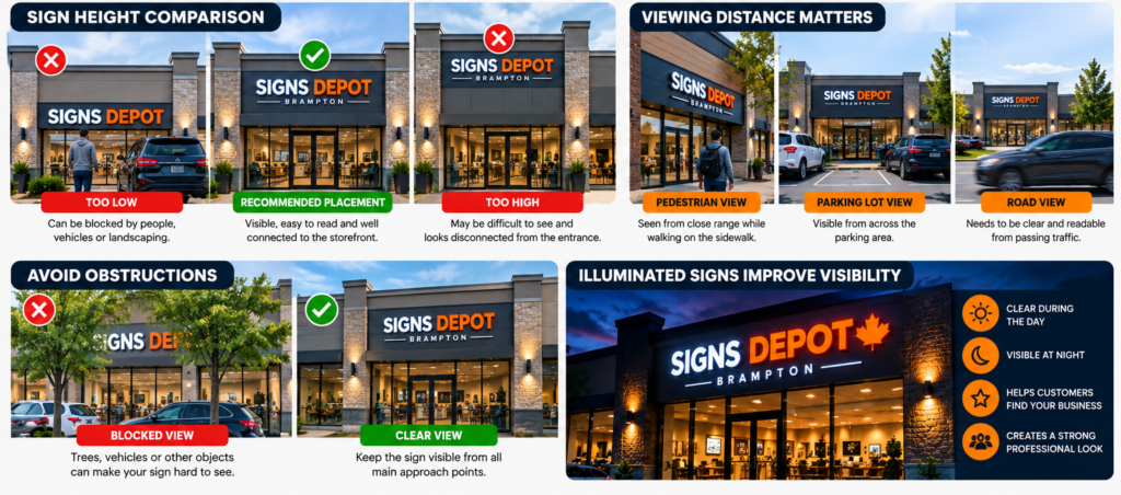 storefront sign placement and height comparison